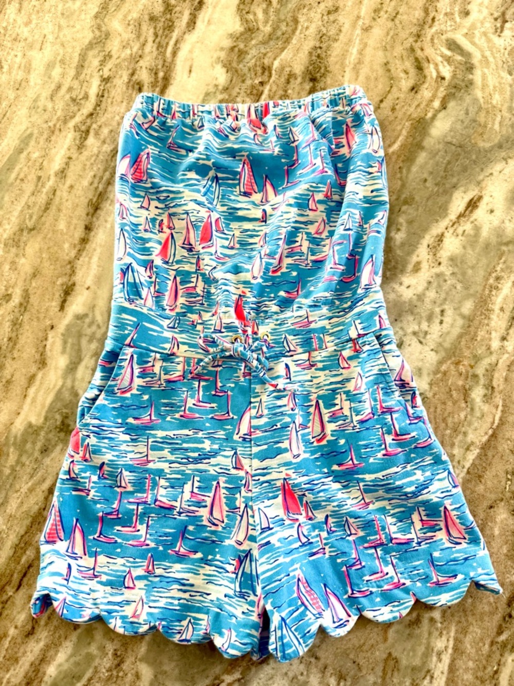 Lilly Pulitzer Blue and Pink Sailboat Print Scallop Romper